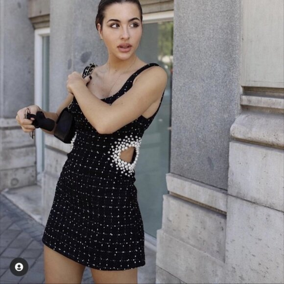 Zara Textured Tweed Dress Sleeveless with faux pearl Black XL NWT - Picture 14 of 16